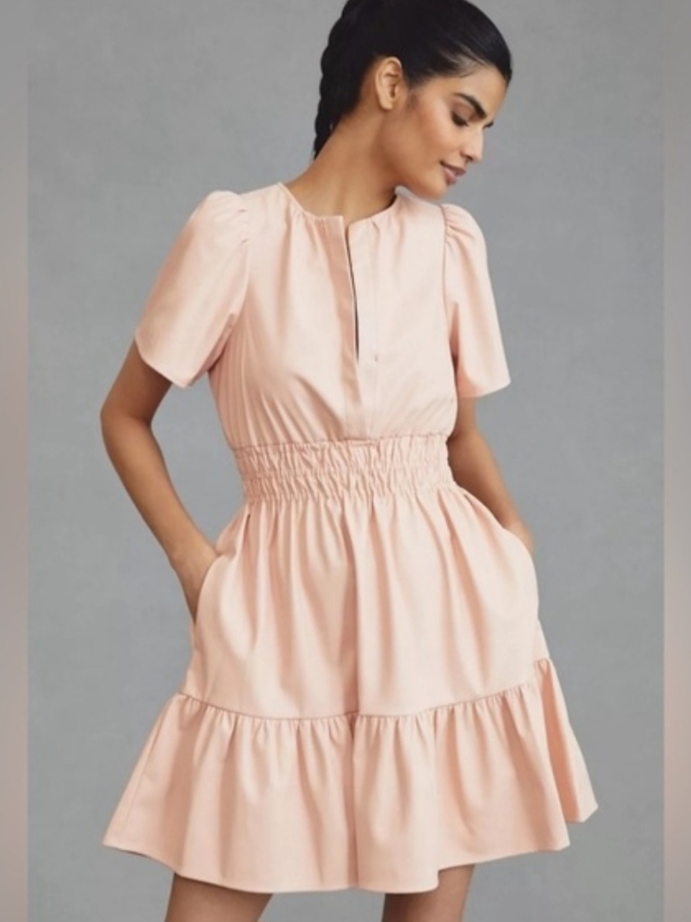 Anthropologie Faux Leather Mini Dress Blush Pink Size M Short Sleeve Ruffle Hem